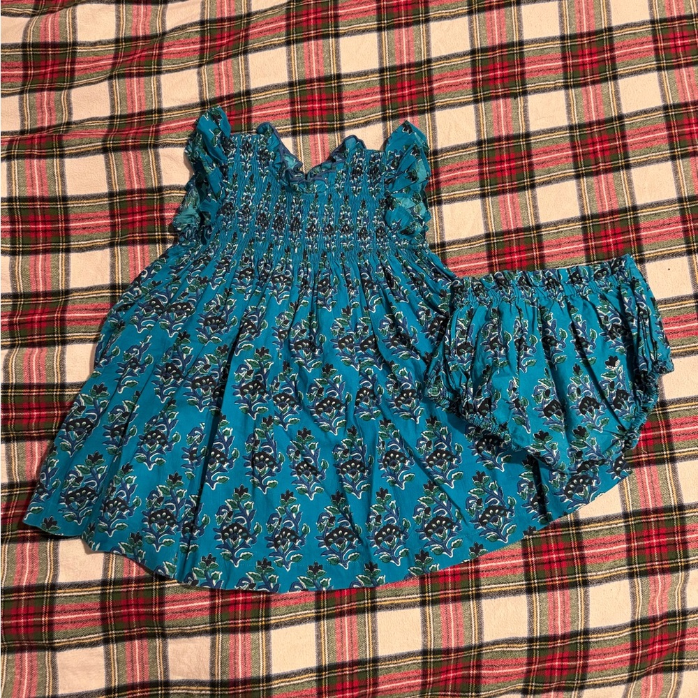 Pink Chicken girls dress in blue/teal with diaper cover 12-18m